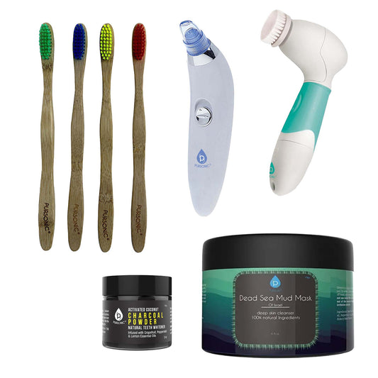 Pursonic Daily Detox Set - Pore Vacuum, Bamboo Toothbrushes, Charcoal Powder, Facial & Body Brush, and Dead Sea Mud Mask