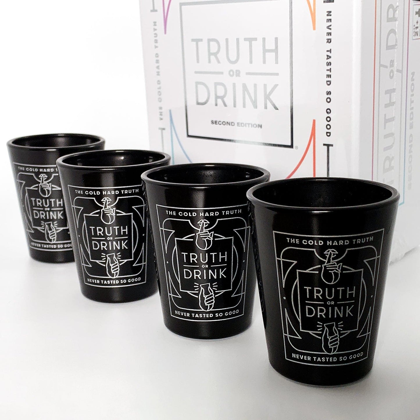 Truth or Drink + 4 Shot Glasses Set | Card Game and Custom Drinkware Combo